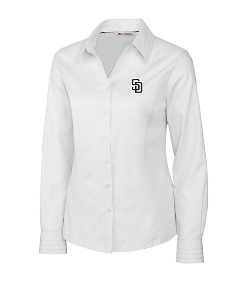 San Diego Padres Cutter & Buck Epic Easy Care Fine Twill Womens Long Sleeve Dress Shirt White Mannequin