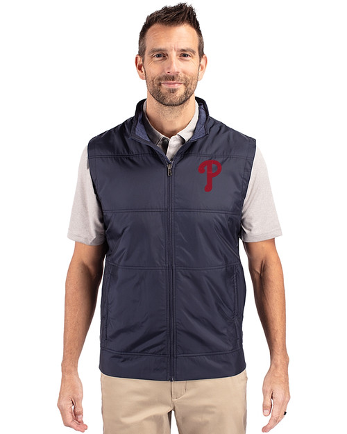 Philadelphia Phillies Cutter & Buck Stealth Hybrid Quilted Mens Windbreaker Vest Liberty Navy Front