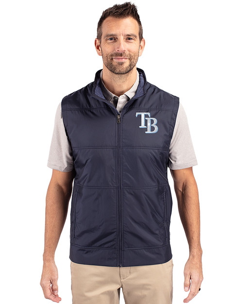 Tampa Bay Rays Cutter & Buck Stealth Recycled Hybrid Quilted Mens Windbreaker Vest Liberty Navy Front