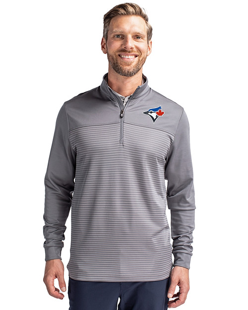 Toronto Blue Jays Cutter & Buck Traverse Stretch Eco Stripe Quarter Zip Mens Pullover Elemental Grey Front