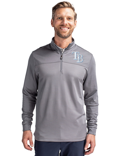 Tampa Bay Rays Cutter & Buck Traverse Stretch Eco Stripe Quarter Zip Mens Pullover Elemental Grey Front