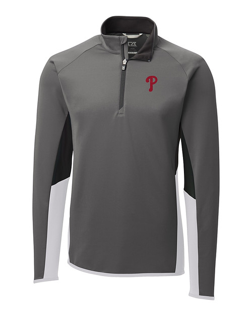 Philadelphia Phillies Cutter & Buck Traverse Colorblock Stretch Quarter Zip Mens Pullover Elemental Grey Mannequin