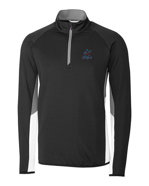 Miami Marlins Cutter & Buck Traverse Colorblock Stretch Quarter Zip Mens Pullover Black Mannequin