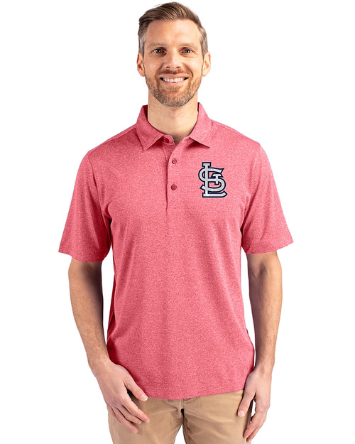 St. Louis Cardinals- Cutter & Buck Forge Heathered Stretch Mens Polo Cardinal Red Heather Front
