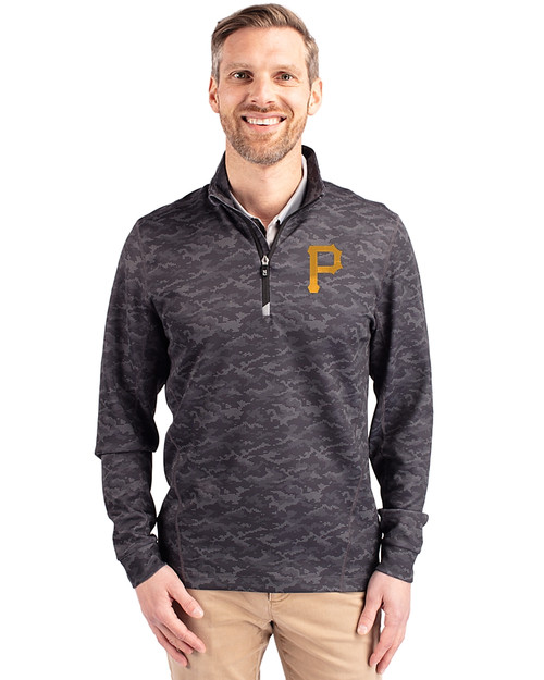Pittsburgh Pirates Cutter & Buck Traverse Recycled Smooth Stretch Mens Camo Quarter Zip Pullover Black Front
