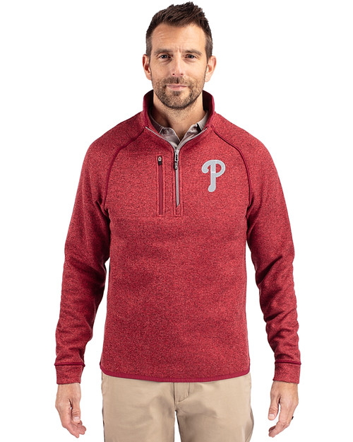 Philadelphia Phillies Cutter & Buck Mainsail Sweater-Knit Mens Half Zip Pullover Jacket Cardinal Red Heather Front