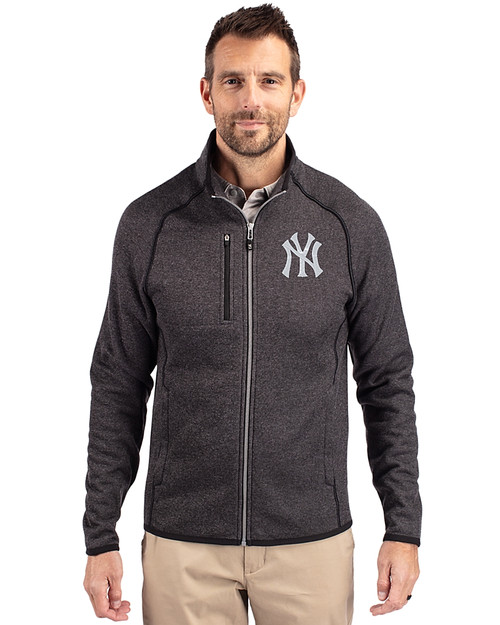 New York Yankees Cutter & Buck Mainsail Sweater-Knit Mens Full Zip Jacket Charcoal Heather Front