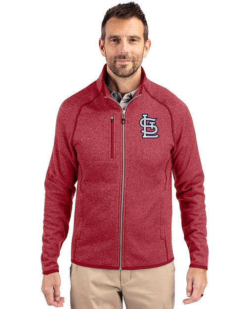 St. Louis Cardinals- Cutter & Buck Mainsail Sweater-Knit Mens Full Zip Jacket Cardinal Red Heather Front