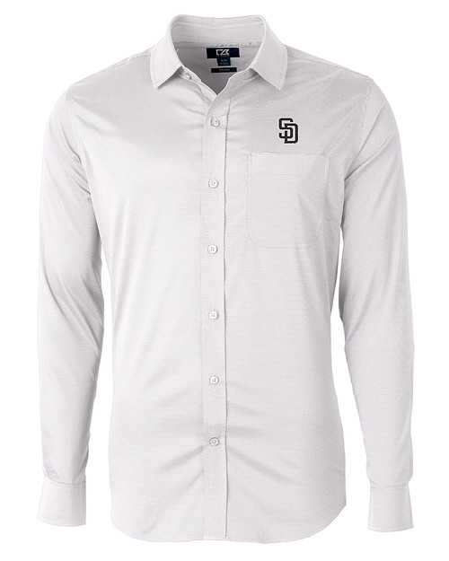 San Diego Padres Cutter & Buck Versatech Geo Dobby Stretch Mens Long Sleeve Dress Shirt White/Black Mannequin