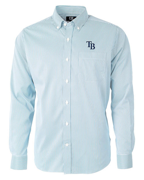 Tampa Bay Rays Cutter & Buck Versatech Pinstripe Stretch Mens Long Sleeve Dress Shirt Atlas Light Blue Mannequin