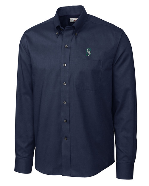 Seattle Mariners Cutter & Buck Epic Easy Care Nailshead Mens Long Sleeve Dress Shirt Navy Blue Mannequin