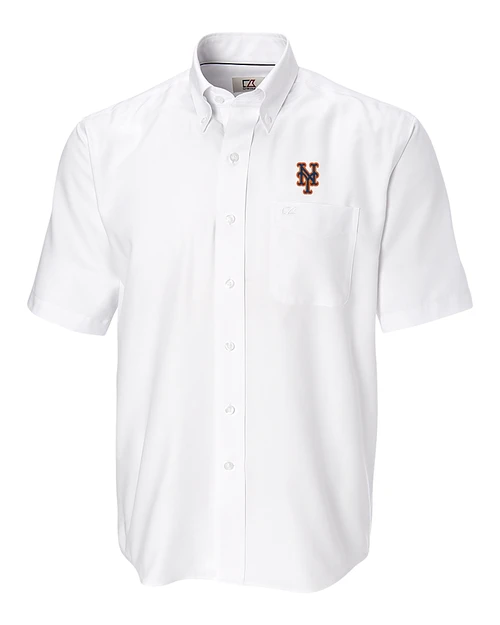 New York Mets Cutter & Buck Epic Easy Care Nailshead Mens Short Sleeve Dress Shirt White Mannequin