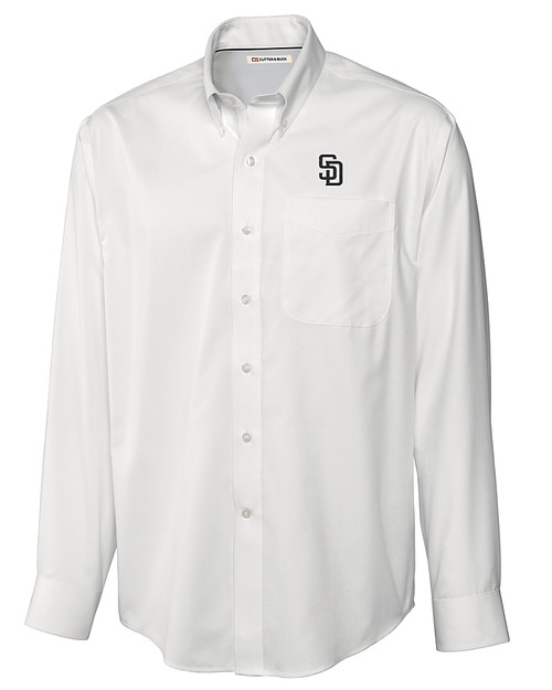 San Diego Padres Cutter & Buck Epic Easy Care Fine Twill Mens Long Sleeve Dress Shirt White Mannequin