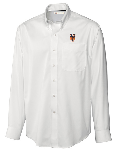 New York Mets Cutter & Buck Epic Easy Care Fine Twill Mens Long Sleeve Dress Shirt White Mannequin