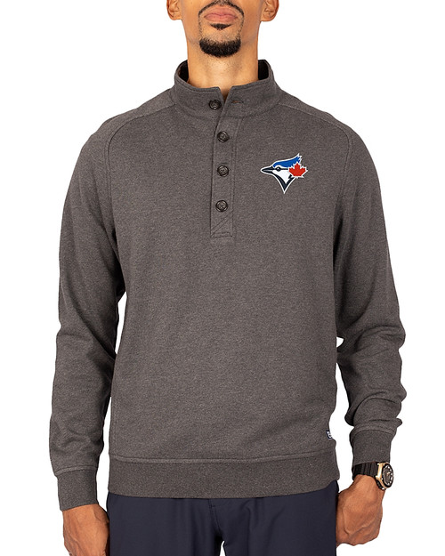 Toronto Blue Jays Cutter & Buck Saturday Cotton Blend Mens Big and Tall  Mock Pullover Sweatshirt Charcoal Heather Front