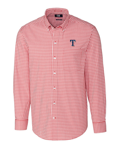Texas Rangers Cutter & Buck Easy Care Stretch Gingham Mens Big and Tall Long Sleeve Dress Shirt Cardinal Red Mannequin