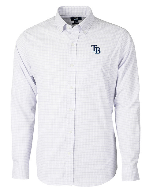 Tampa Bay Rays Cutter & Buck Versatech Tattersall Stretch Mens Big and Tall Dress Shirt Atlas Light Blue Mannequin