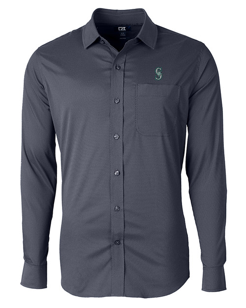 Seattle Mariners Cutter & Buck Versatech Geo Dobby Stretch Mens Big and Tall Long Sleeve Dress Shirt Liberty Navy Mannequin