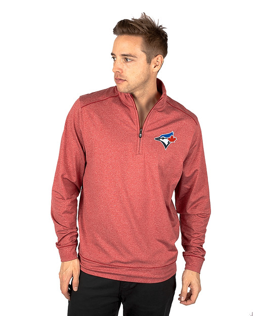Toronto Blue Jays Cutter & Buck Shoreline Heathered Quarter Zip Mens Big and Tall Pullover Cardinal Red Heather Front
