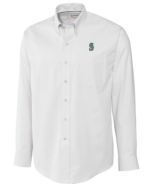 Seattle Mariners Cutter & Buck Epic Easy Care Nailshead Mens Big and Tall Long Sleeve Dress Shirt White Mannequin