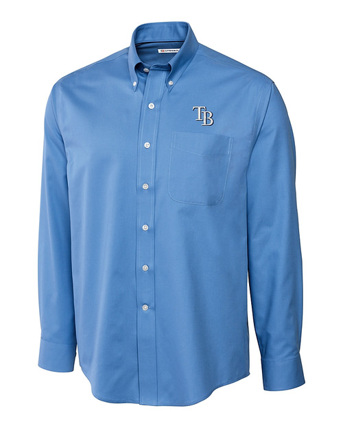 Tampa Bay Rays Cutter & Buck Epic Easy Care Fine Twill Mens Big and Tall Dress Shirt Atlas Light Blue Mannequin