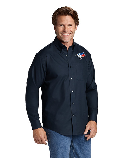 Toronto Blue Jays Cutter & Buck Epic Easy Care Fine Twill Mens Big and Tall Dress Shirt Navy Blue Front