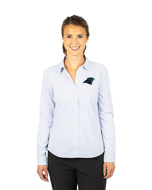 Carolina Panthers Cutter & Buck Versatech Tattersall Stretch Womens Long Sleeve Dress Shirt Atlas Light Blue Front