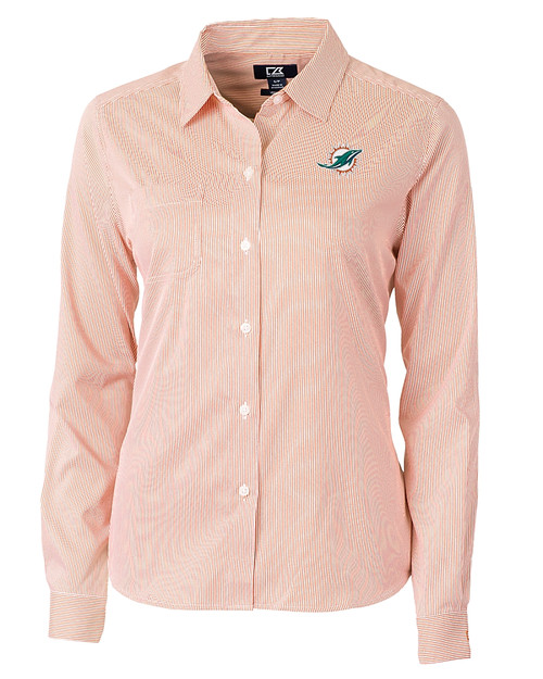 Miami Dolphins Cutter & Buck Versatech Pinstripe Stretch Womens Long Sleeve Dress Shirt College Orange Mannequin