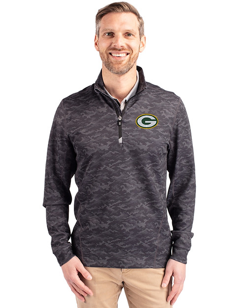 Green Bay Packers Cutter & Buck Traverse Stretch Eco Camo Print Quarter Zip Mens Pullover Black Front