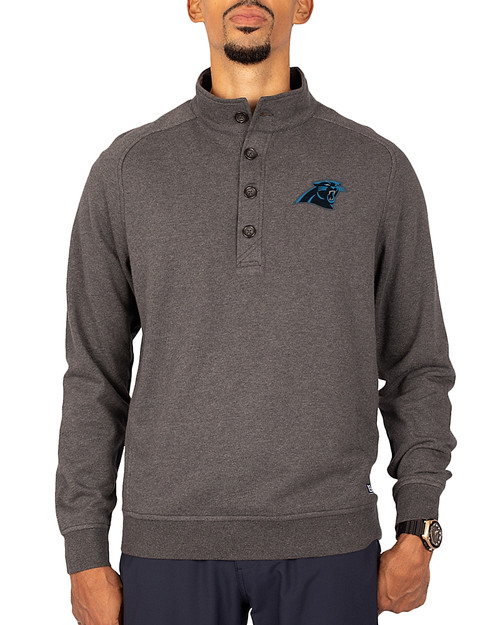 Carolina Panthers Cutter & Buck Saturday Cotton Blend Mens Big and Tall  Mock Pullover Sweatshirt Charcoal Heather Front