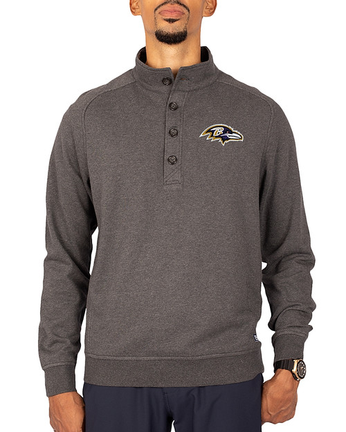 Baltimore Ravens Cutter & Buck Saturday Cotton Blend Mens Big and Tall  Mock Pullover Sweatshirt Charcoal Heather Front