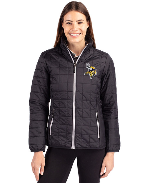 Minnesota Vikings Cutter & Buck Rainier PrimaLoft®  Womens Eco Insulated Full Zip Puffer Jacket Black Front