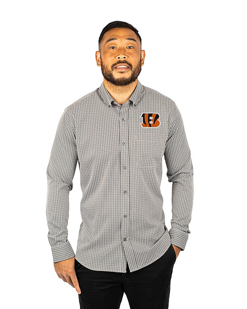 Cincinnati Bengals Cutter & Buck Versatech Multi Check Stretch Mens Big and Tall Long Sleeve Dress Shirt Black Front