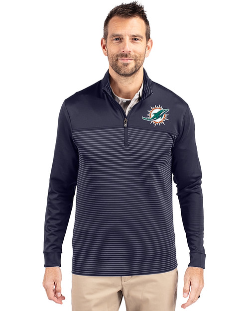 Miami Dolphins Cutter & Buck Traverse Stretch Eco Stripe Quarter Zip Mens Big and Tall Pullover Liberty Navy Front