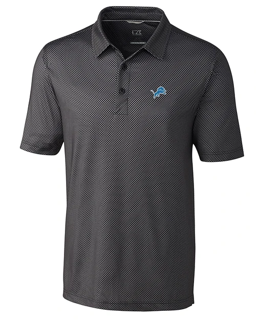 Detroit Lions Cutter & Buck Pike Mini Pennant Print Stretch Mens Big and Tall Polo Black Mannequin