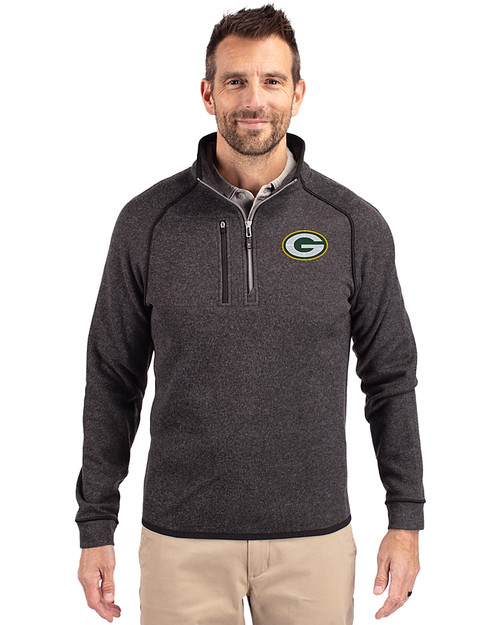 Green Bay Packers Cutter & Buck Mainsail Sweater-Knit Mens Big and Tall Half Zip Pullover Jacket Charcoal Heather Front