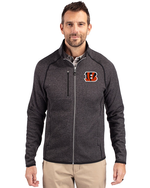 Cincinnati Bengals Cutter & Buck Mainsail Sweater-Knit Mens Big and Tall Full Zip Jacket Charcoal Heather Front