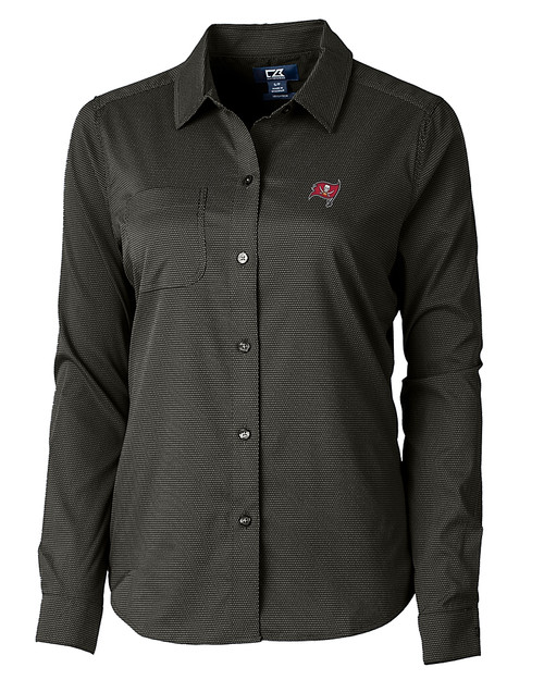 Tampa Bay Buccaneers Cutter & Buck Versatech Geo Dobby Stretch Womens Long Sleeve Dress Shirt Black Mannequin