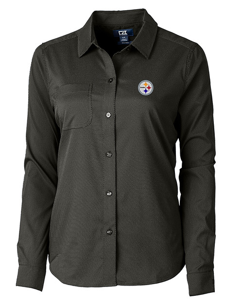 Pittsburgh Steelers Cutter & Buck Versatech Geo Dobby Stretch Womens Long Sleeve Dress Shirt Black Mannequin