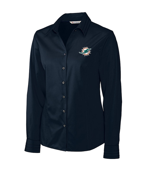 Miami Dolphins Cutter & Buck Epic Easy Care Fine Twill Womens Long Sleeve Dress Shirt Navy Blue Mannequin