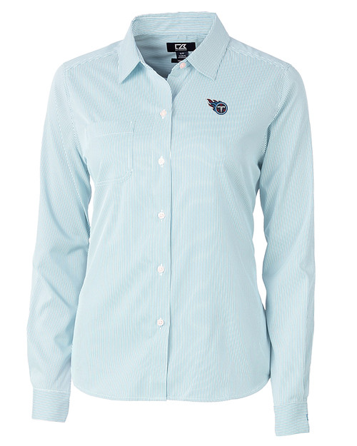 Tennessee Titans Cutter & Buck Versatech Pinstripe Stretch Womens Long Sleeve Dress Shirt Atlas Light Blue Mannequin