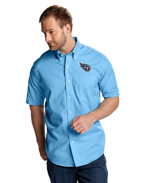 Tennessee Titans Cutter & Buck Epic Easy Care Nailshead Mens Short Sleeve Dress Shirt Atlas Light Blue Front