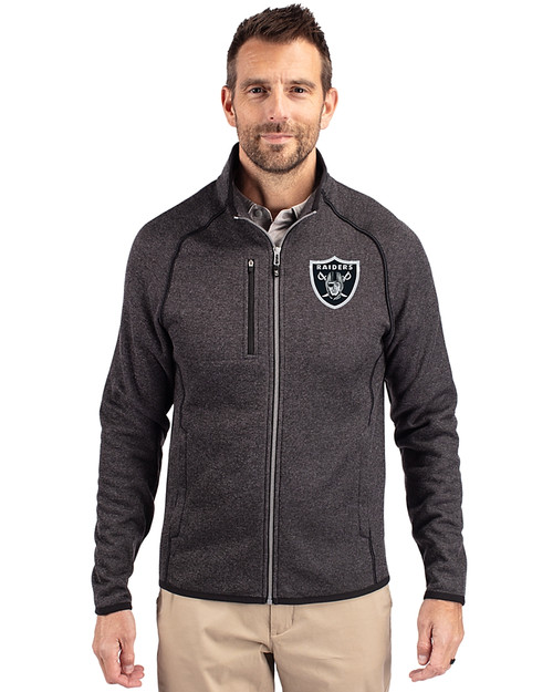 Las Vegas Raiders Cutter & Buck Mainsail Sweater-Knit Mens Full Zip Jacket Charcoal Heather Front