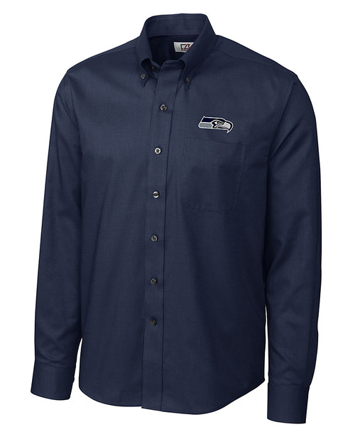 Seattle Seahawks Cutter & Buck Epic Easy Care Nailshead Mens Long Sleeve Dress Shirt Navy Blue Mannequin