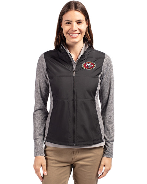 San Francisco 49ers Cutter & Buck Stealth Hybrid Quilted Womens Full Zip Windbreaker Jacket Black Front