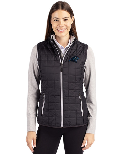 Carolina Panthers Cutter & Buck Rainier PrimaLoft® Womens Eco Insulated Full Zip Puffer Vest Black Front