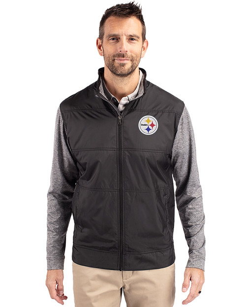 Pittsburgh Steelers Cutter & Buck Stealth Recycled Hybrid Quilted Mens Big & Tall Windbreaker Jacket Black Front