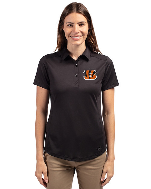 Cincinnati Bengals Cutter & Buck Prospect Eco Textured Stretch Recycled Womens Short Sleeve Polo Black Front