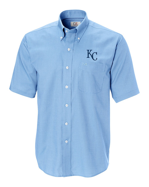 Kansas City Royals Cutter & Buck Epic Easy Care Nailshead Mens Big and Tall Short Sleeve Dress Shirt Atlas Light Blue Mannequin