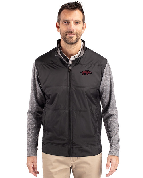 Arkansas Razorbacks Cutter & Buck Stealth Hybrid Quilted Mens Big and Tall Full Zip Windbreaker Jacket Black Front